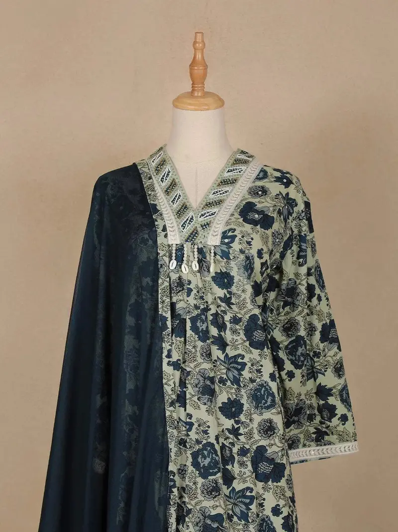 Sage Green Floral Printed Cotton Salwar Suit 2