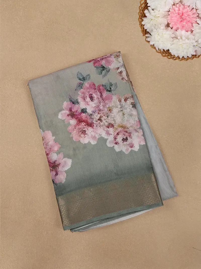 Sage Green Floral Printed Cotton Saree 1