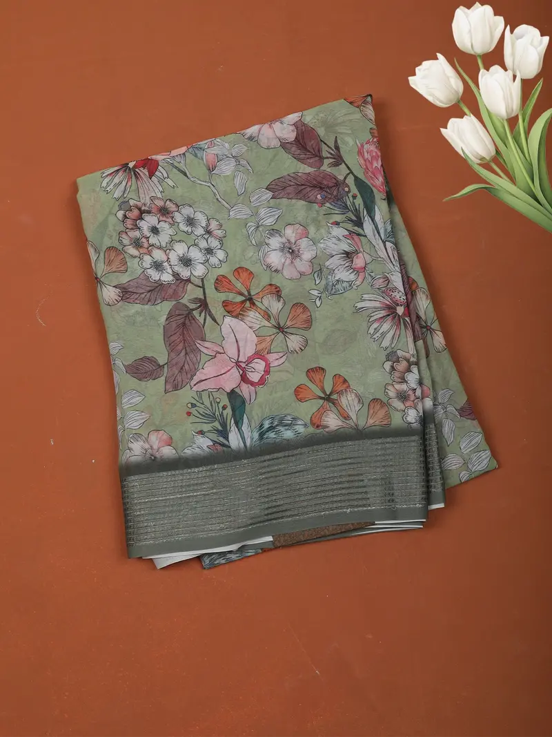 Sage Green Floral Printed Design Chiffon Casual Saree With Striped Border 1