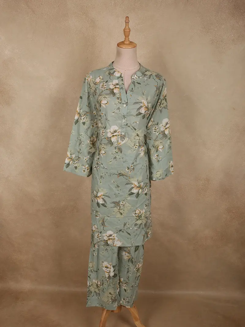 Sage Green Floral Printed Design Cotton Salwar Suit 1