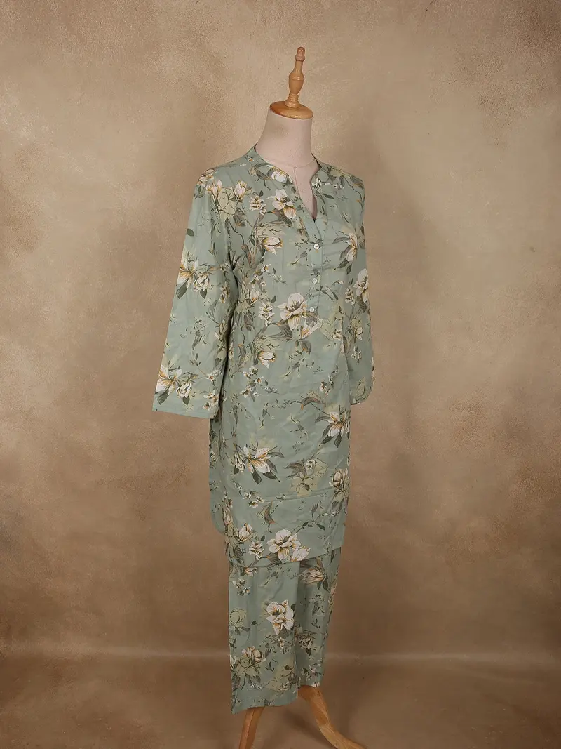 Sage Green Floral Printed Design Cotton Salwar Suit 4