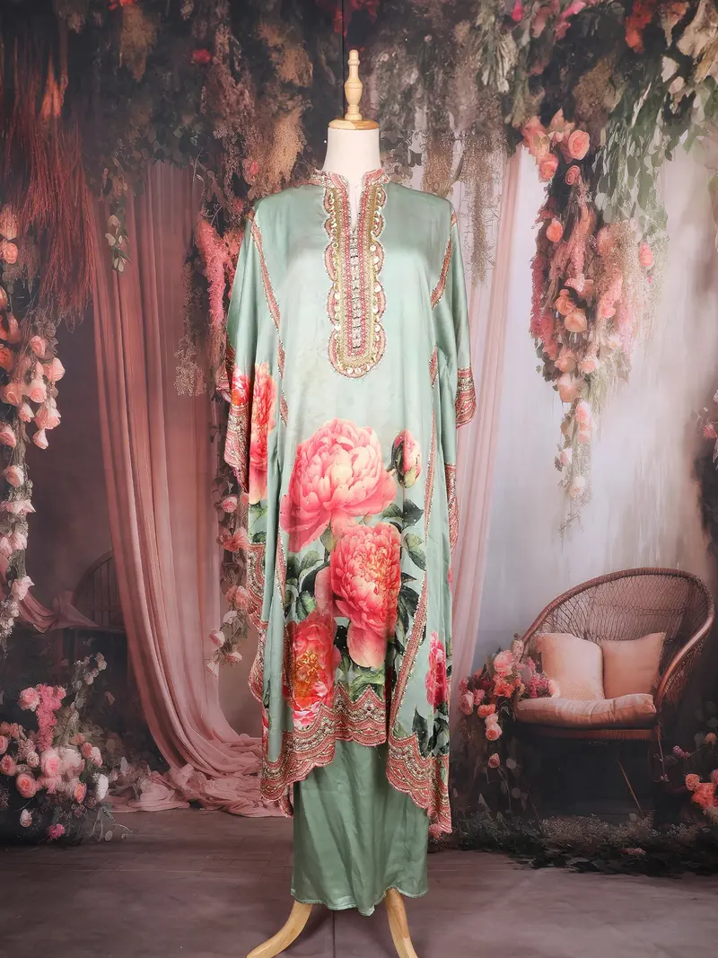Sage Green Floral Printed Design Crepe Kaftan Set With Bead Embellished Neckline 1