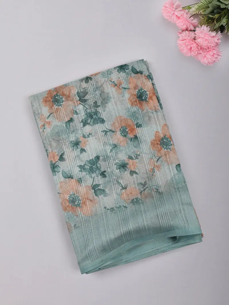 Sage Green Floral Printed Design Mixed Cotton Saree 1