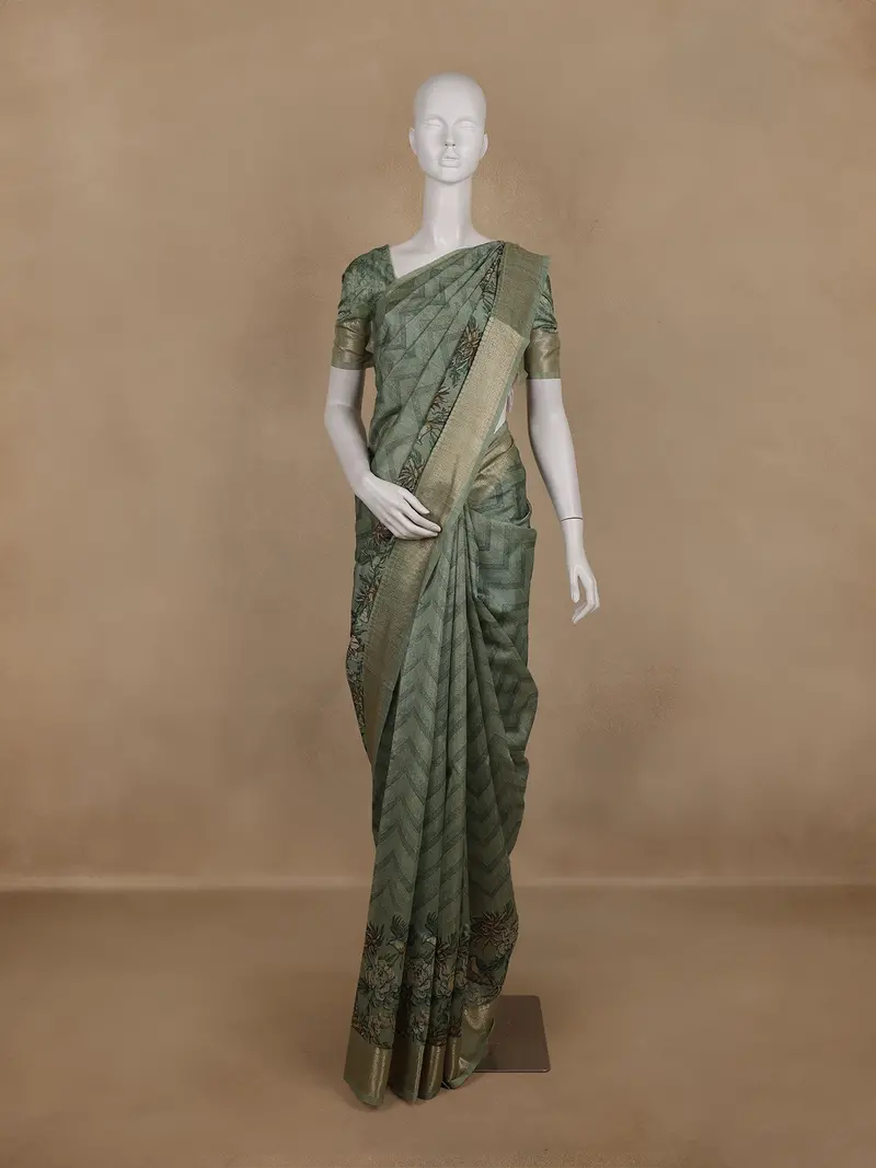 Sage Green Floral Printed Design Tussar Silk Saree 1