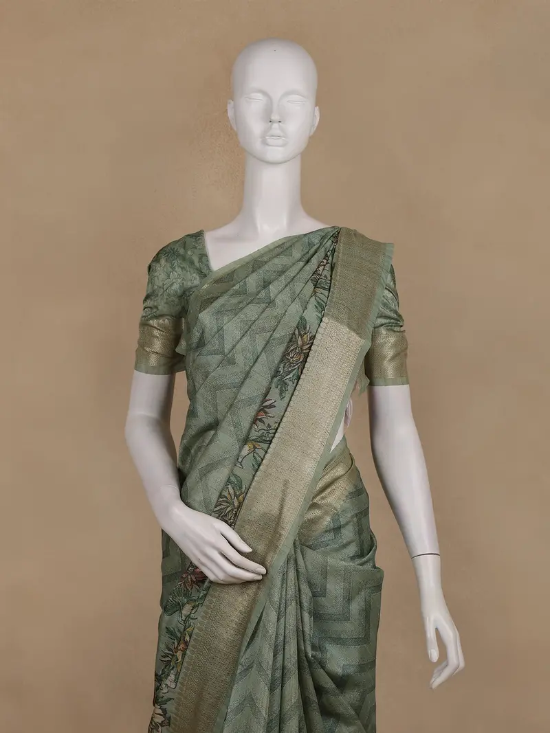 Sage Green Floral Printed Design Tussar Silk Saree 2