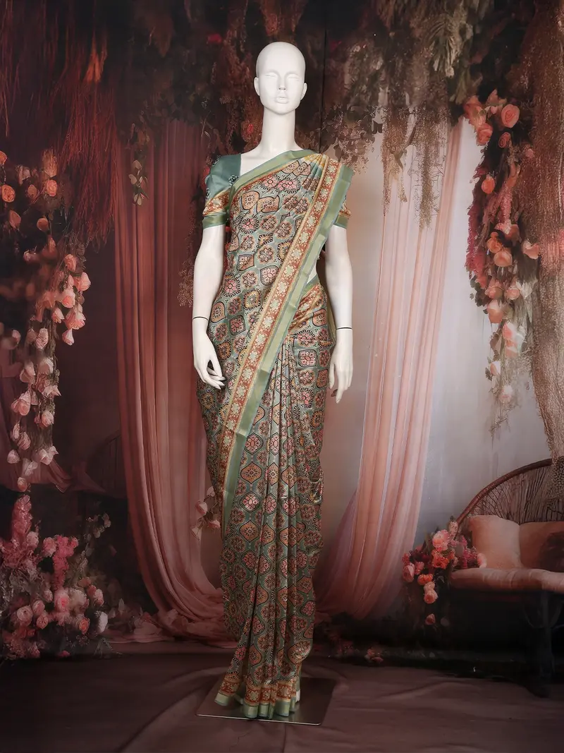 Sage Green Floral Printed Semi Silk Saree With Zari Border 1