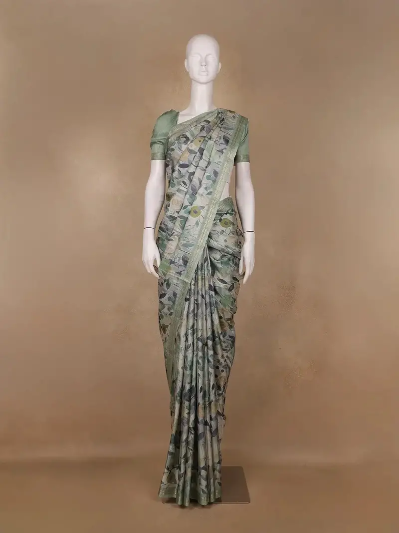 Sage Green Floral Printed Semi Tussar Silk Saree 1