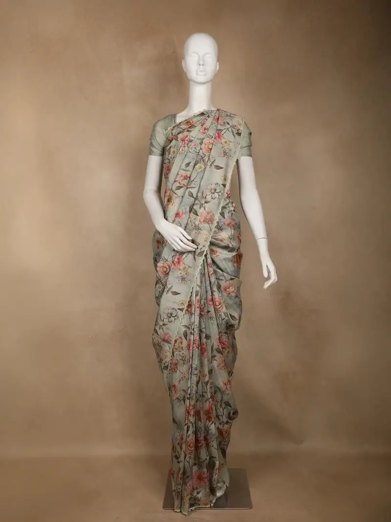 Sage Green Floral Printed Tussar Silk Saree 1