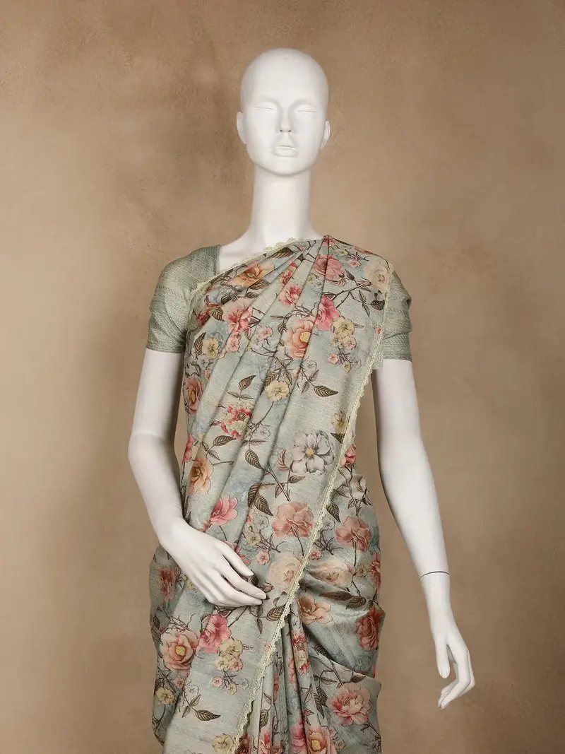 Sage Green Floral Printed Tussar Silk Saree 2