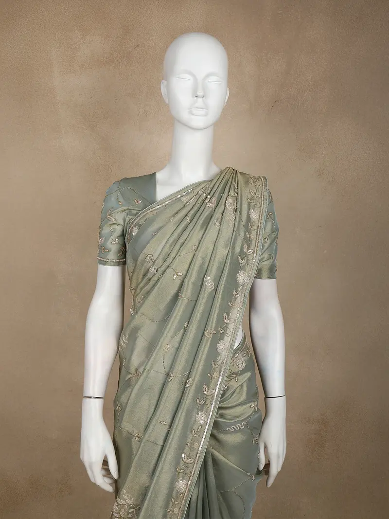 Sage Green Floral Sequins Embroidered Tissue Silk Saree With Designer Border 2