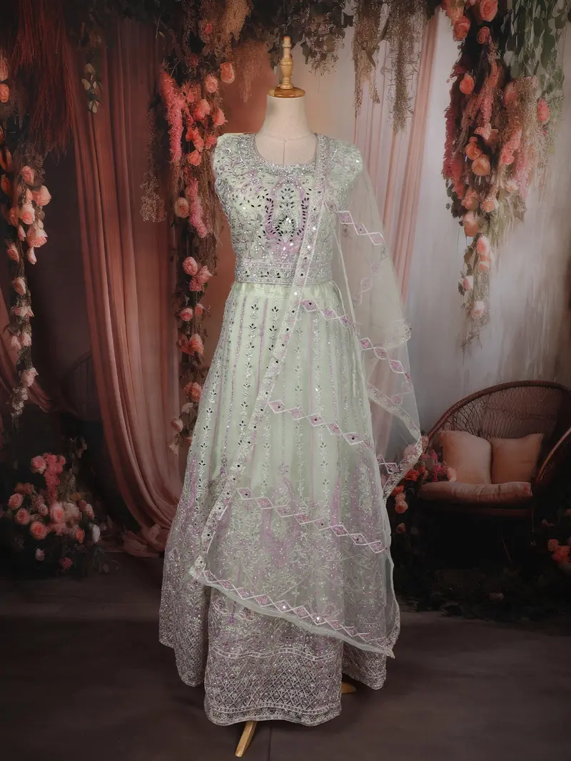 Sage Green Floral Thread And Mirror Embroidered Design Net Lehenga With Dupatta 1
