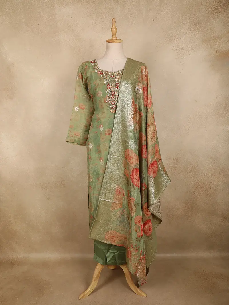 Sage Green Floral Thread Embroidered Design Tissue Silk Straight Cut Salwar Suit 1