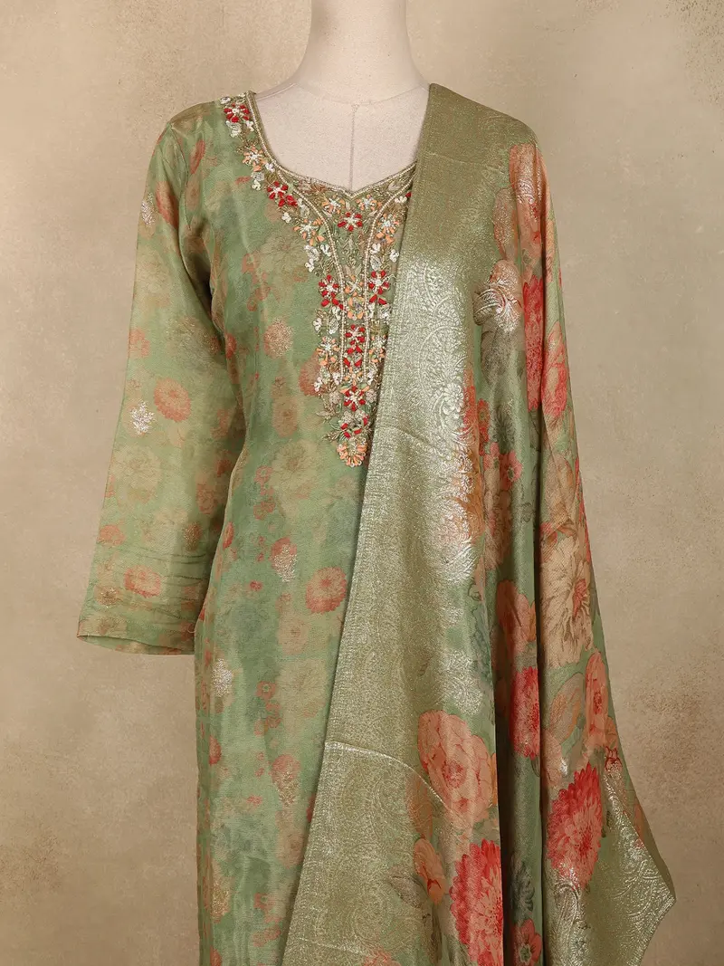 Sage Green Floral Thread Embroidered Design Tissue Silk Straight Cut Salwar Suit 2
