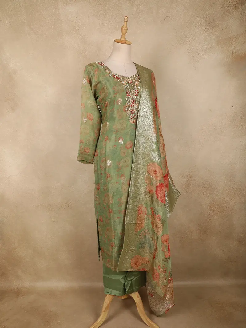 Sage Green Floral Thread Embroidered Design Tissue Silk Straight Cut Salwar Suit 3