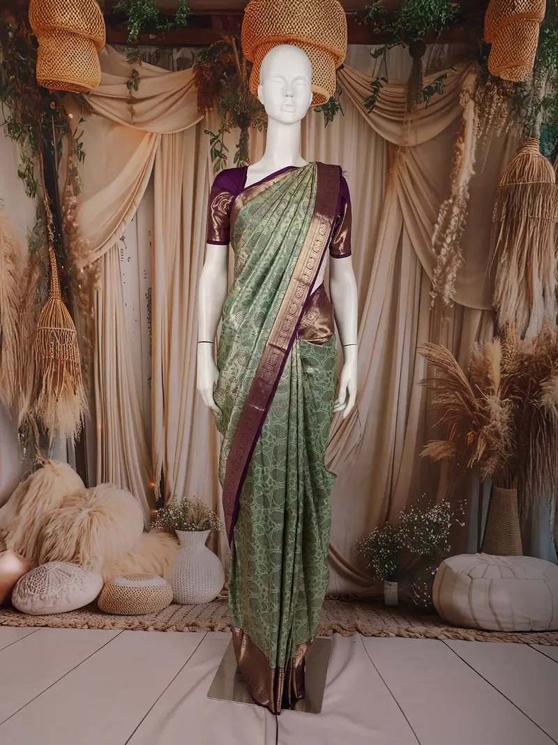 Sage Green Floral Woven Pure Kanchipuram Silk Saree With Zari Border 1
