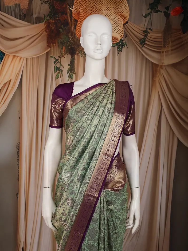 Sage Green Floral Woven Pure Kanchipuram Silk Saree With Zari Border 2
