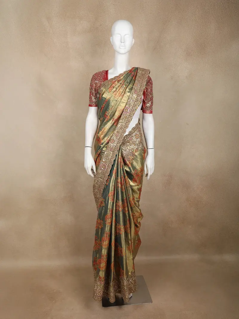 Sage Green Floral Woven Tissue Banarasi Saree With Heavy Designer Border 1