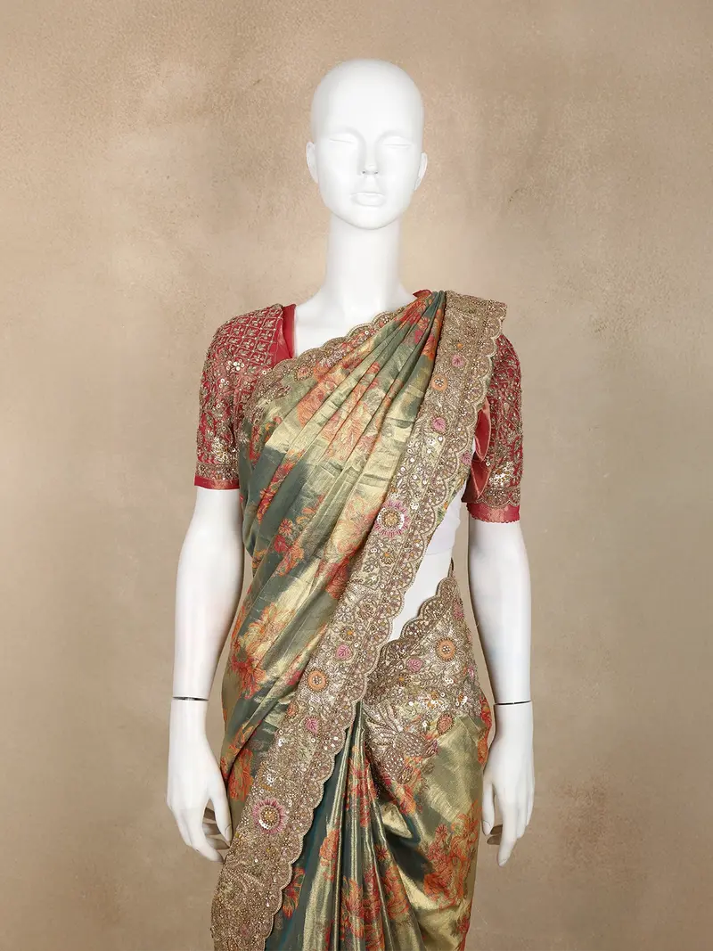 Sage Green Floral Woven Tissue Banarasi Saree With Heavy Designer Border 2