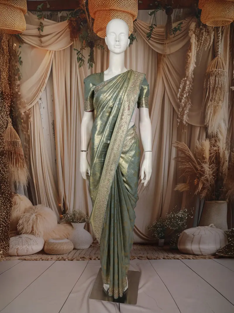 Sage Green Floral Zari Woven Design Banarasi Silk Saree With Designer Border 1