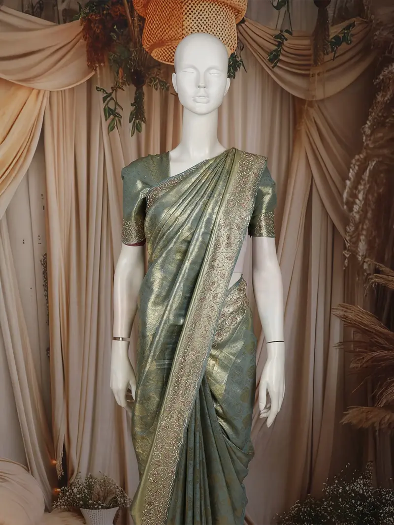 Sage Green Floral Zari Woven Design Banarasi Silk Saree With Designer Border 2
