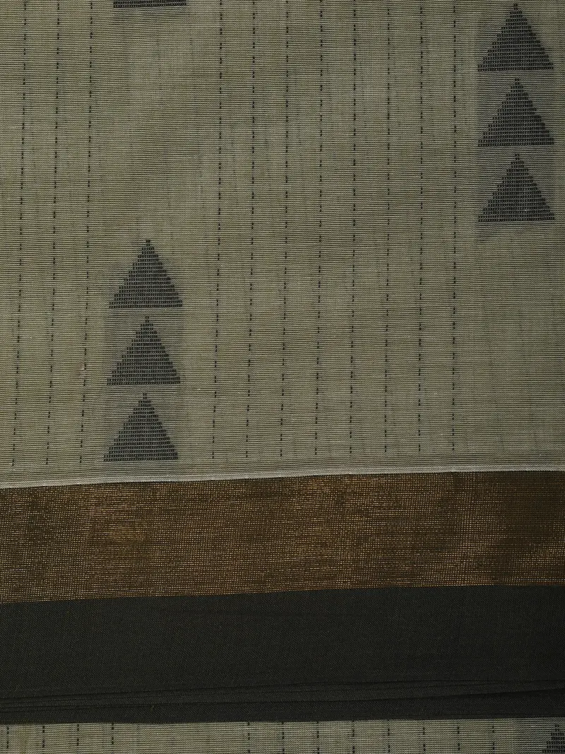 Sage Green Geometric Triangle Motif Woven Cotton Saree With Contrast Border 2