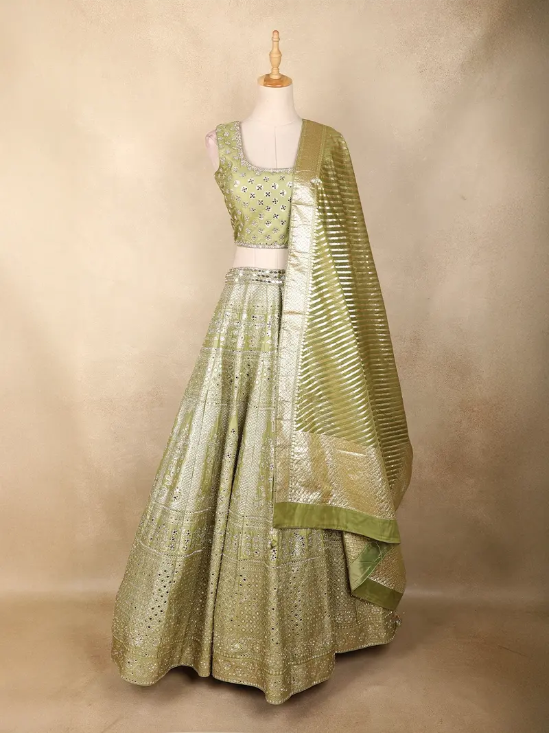 Sage Green Mirror Work Banarasi Silk Lehenga Set With Dupatta 1