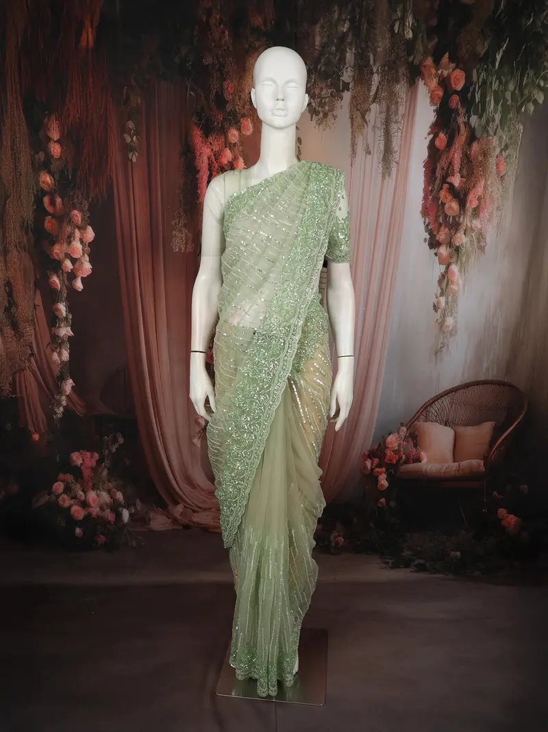 Sage Green Sequins And Beads Embroidered Design Pure Organza Designer Saree 1