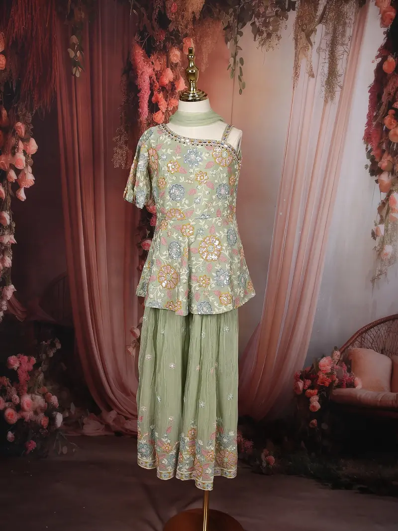 Sage Green Sequins And Thread Embroidered Design Crepe Kids Palazzo Suit 1