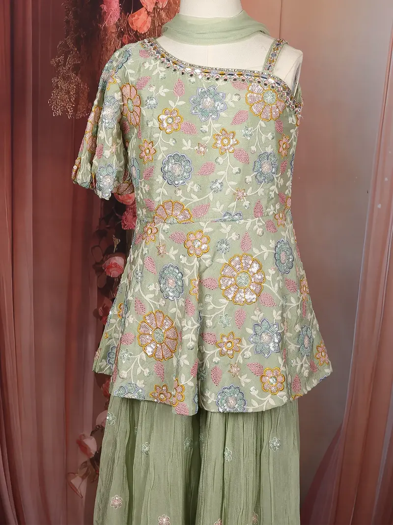 Sage Green Sequins And Thread Embroidered Design Crepe Kids Palazzo Suit 2