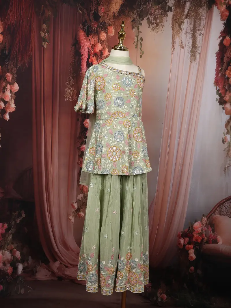 Sage Green Sequins And Thread Embroidered Design Crepe Kids Palazzo Suit 3