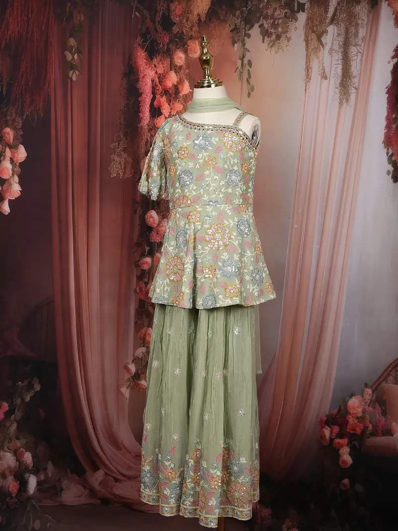 Sage Green Sequins And Thread Embroidered Design Crepe Kids Palazzo Suit 4
