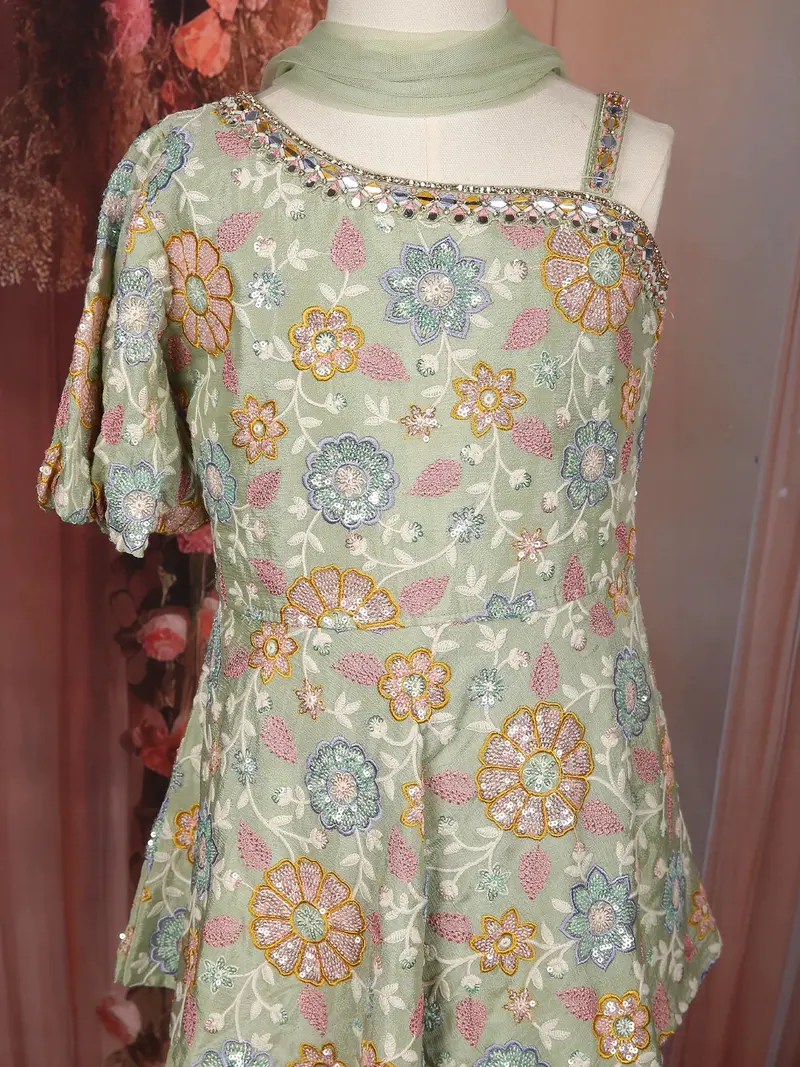 Sage Green Sequins And Thread Embroidered Design Crepe Kids Palazzo Suit 5