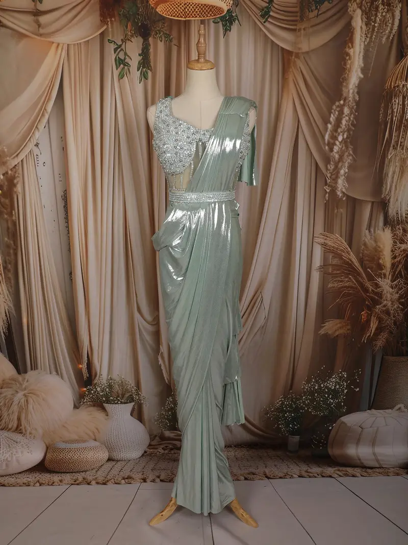 Sage Green Solid Design Ready To Wear Saree With Heavy Sequins Embroidered Blouse And Hip Belt 1