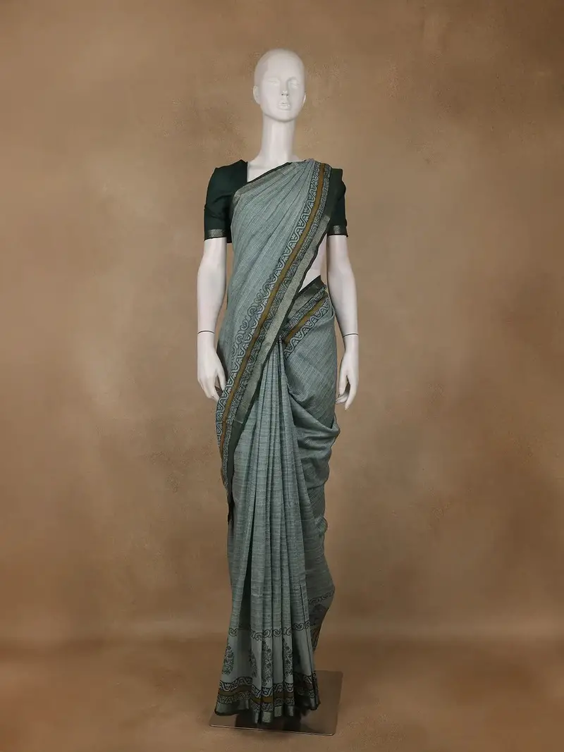 Sage Green Striped Tussar Silk Saree 1