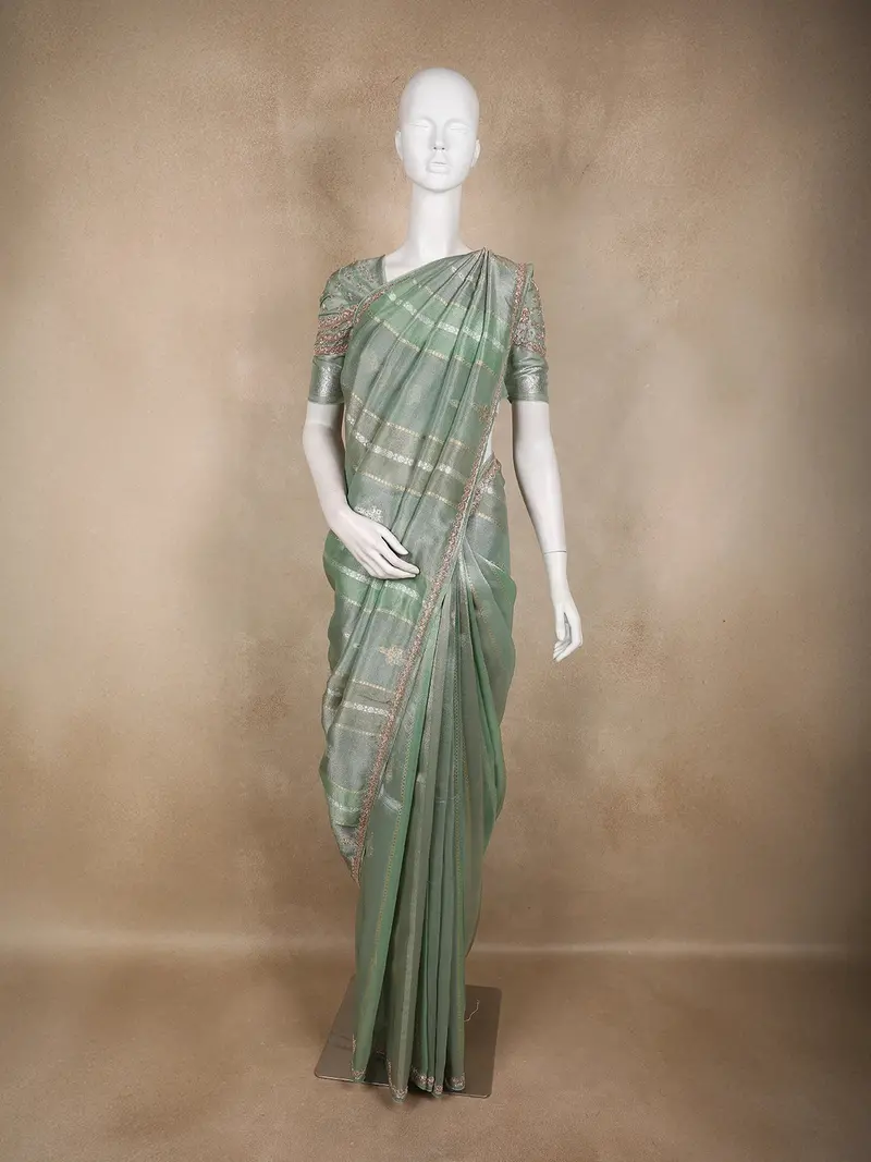 Sage Green Striped Zari Woven Design Tissue Organza Saree 1