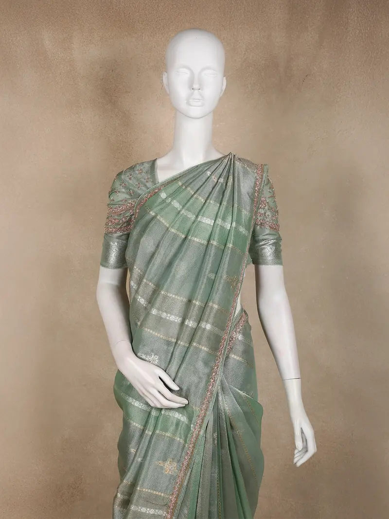Sage Green Striped Zari Woven Design Tissue Organza Saree 2