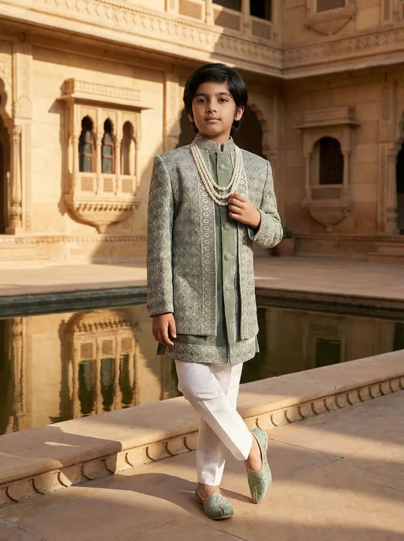 Sage Green Velvet Sherwani Set With Thread Embroidery 1