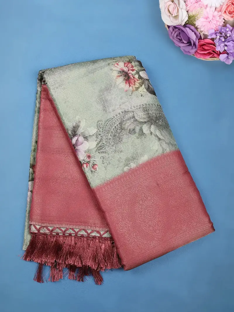 Sage Green Vintage Floral Printed Soft Silk Saree 1