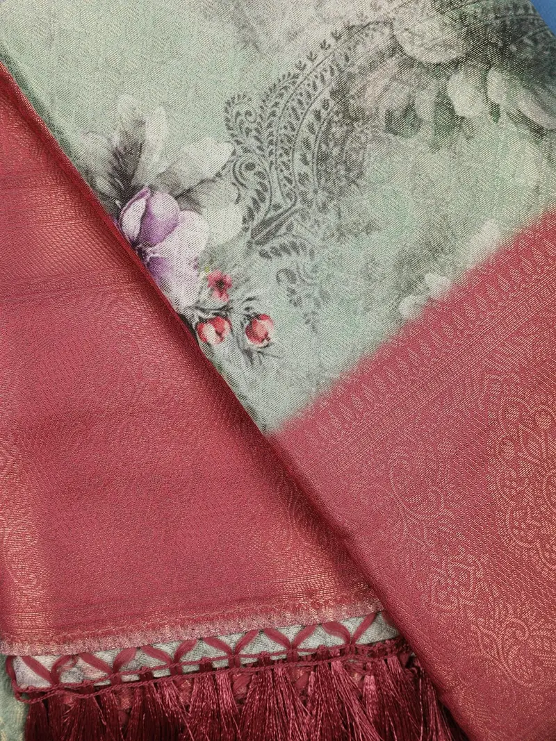 Sage Green Vintage Floral Printed Soft Silk Saree 2