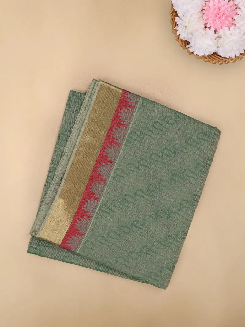 Sage Green Wave Woven Design Cotton Saree 1