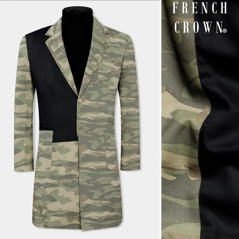 Sage Green With Sandrift Brown Camouflage And Black Premium Cotton Designer Overcoat 1