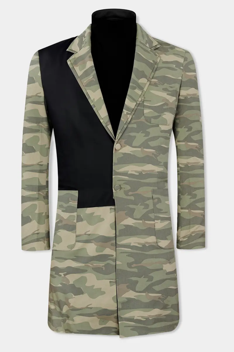 Sage Green With Sandrift Brown Camouflage And Black Premium Cotton Designer Overcoat 2