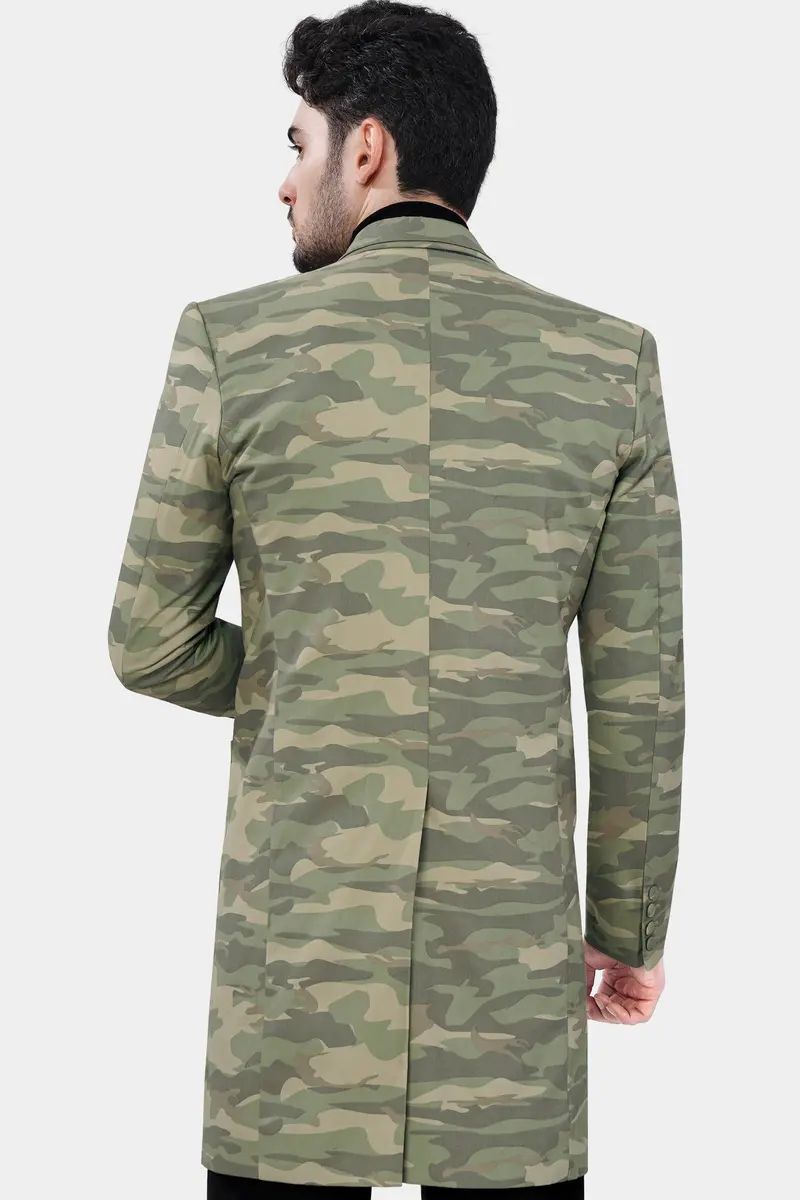 Sage Green With Sandrift Brown Camouflage And Black Premium Cotton Designer Overcoat 5