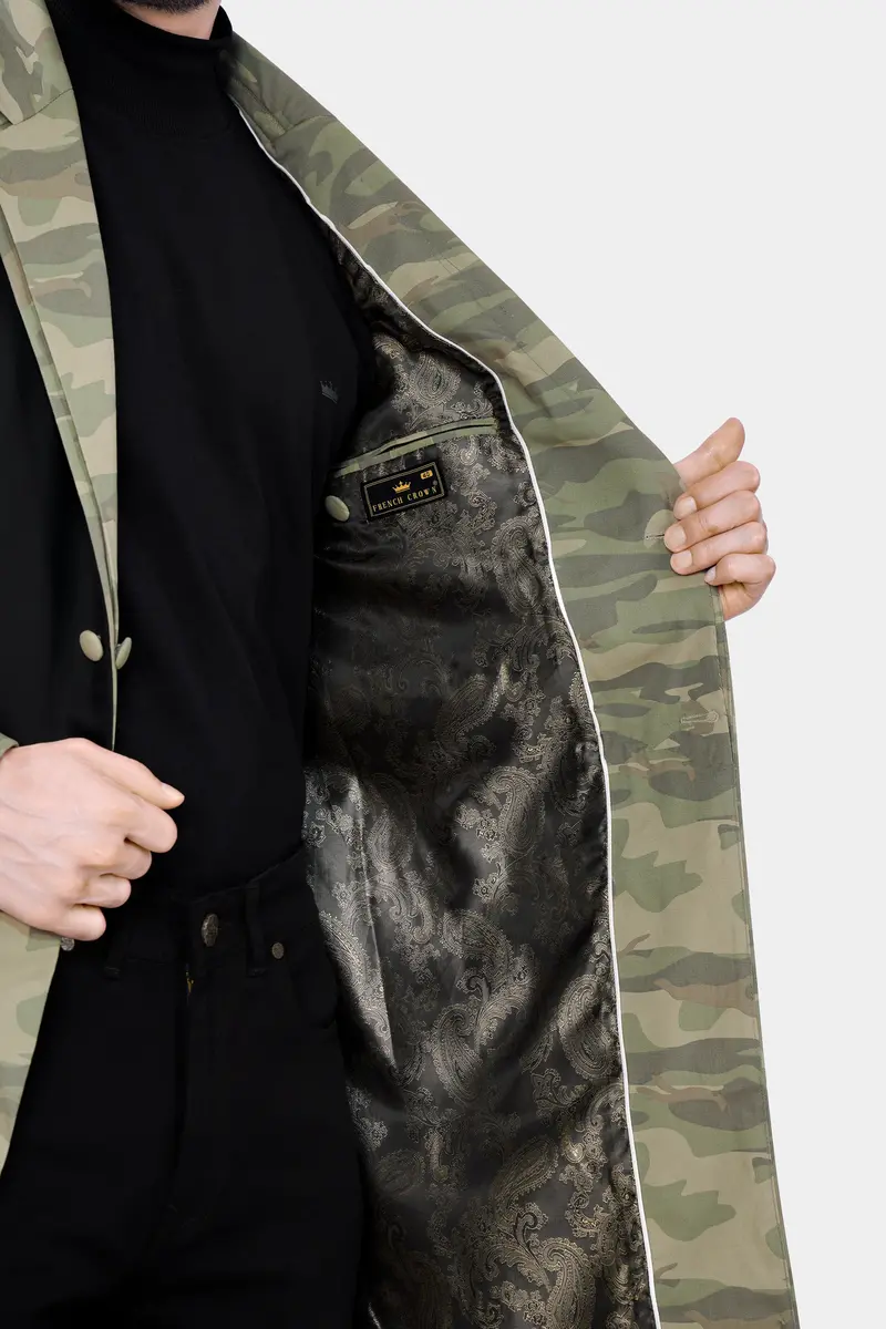 Sage Green With Sandrift Brown Camouflage And Black Premium Cotton Designer Overcoat 6