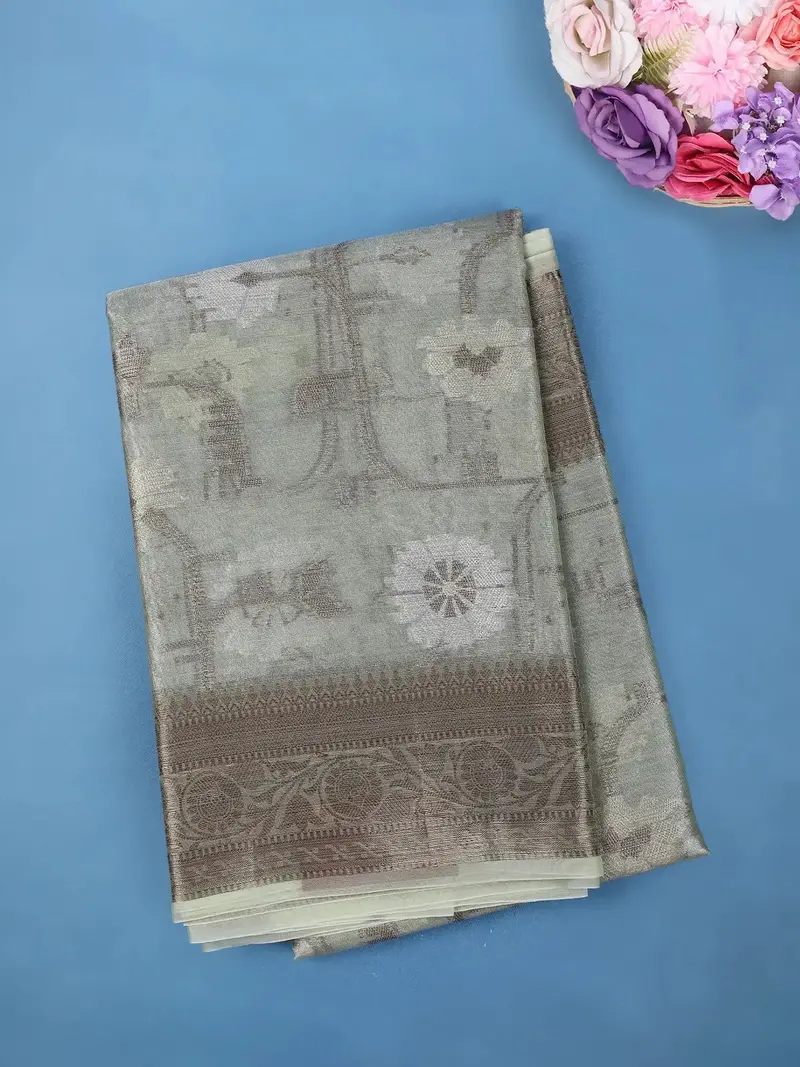 Sage Grey Floral Design Tissue Silk Saree 1