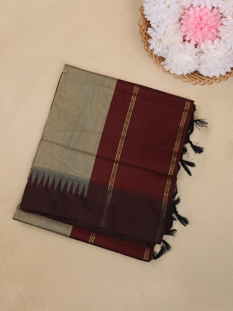 Sage Grey Solid Design Kalyani Cotton Saree With Contrast Temple Border 1