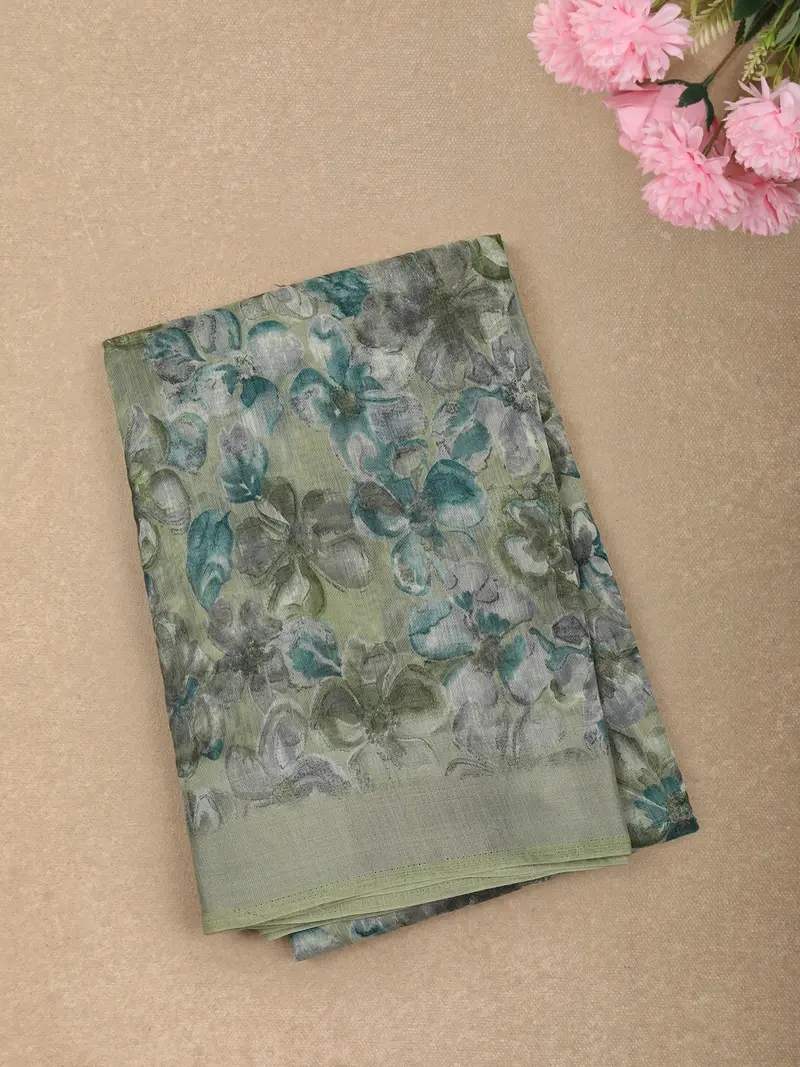 Sage Mint Green Floral Printed Design Linen Cotton Casual Wear Saree 1