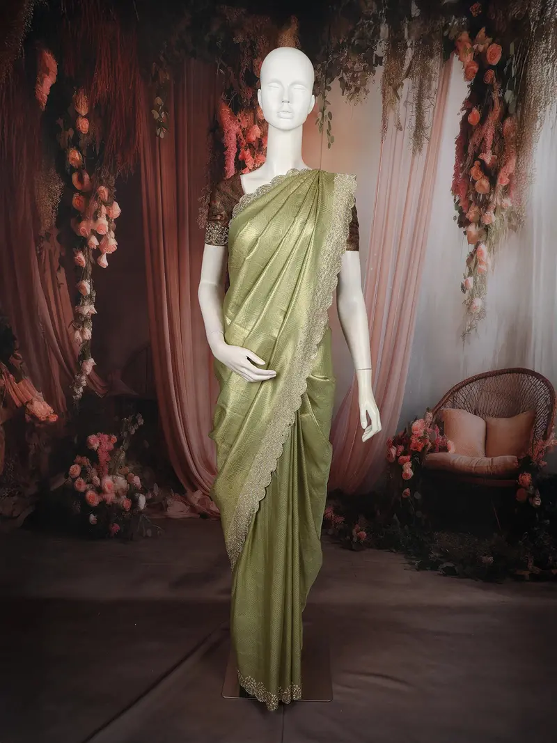 Sage Olive Green Geometric Zari Woven Design Tissue Silk Saree With Scalloped Border 1