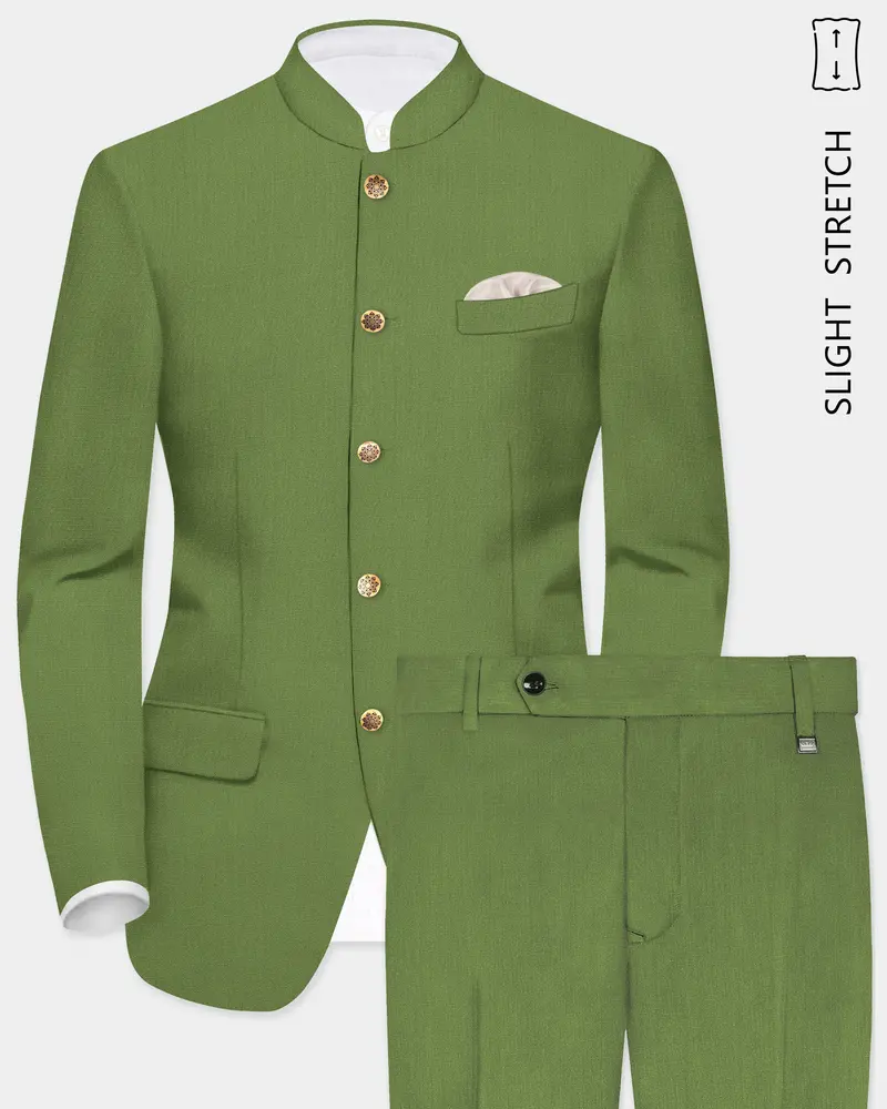 Sage Regal-Dingley Green Solid Wool Rich Bandhgala Slight Stretch Suit 1