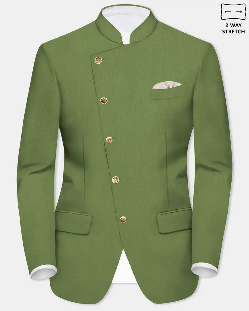 Sage Regal-Dingley Green Solid Wool Rich Cross Placket Bandhgala Slight Stretch Blazer 1